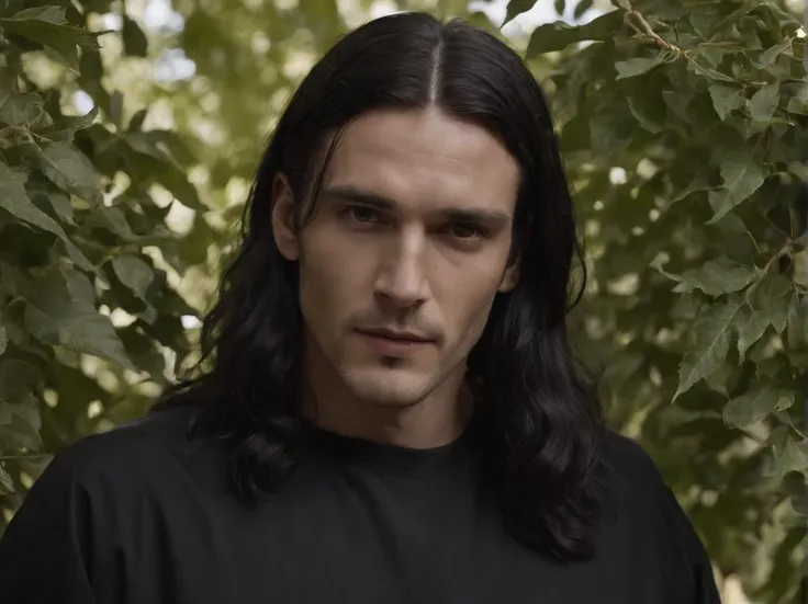 arafed man with long black hair and a black shirt standing in front of a bush, with his long black hair, with long dark hair, felix englund style, with long black hair, felix englund, black metal, techwear occultist, black metal aesthetics, grimdark vibes,...