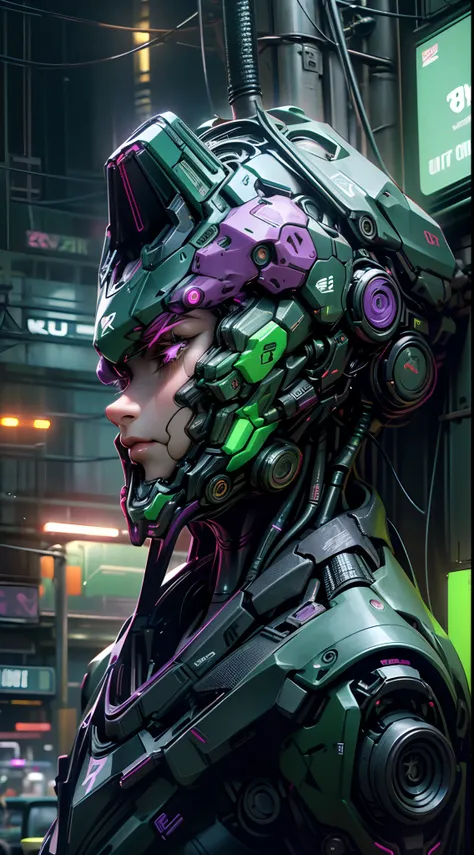 Robot mutan, green and purple color,liquid,night light ,neon light,(( cyberpunk )),((8k, UHD, ultra realistic))