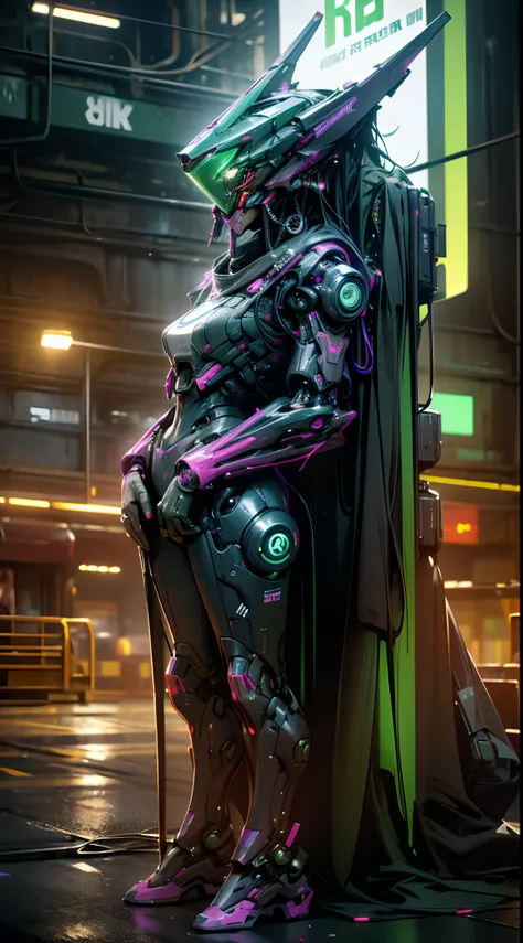 Robot mutan, green and purple color,liquid,night light ,neon light,(( cyberpunk )),((8k, UHD, ultra realistic))