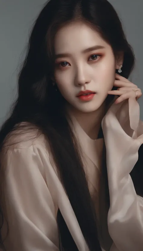 a close up of a woman with long hair wearing a choke, a photorealistic painting inspired by Yanjun Cheng, tumblr, realism, portrait jisoo blackpink, jisoo from blackpink, with long hair and piercing eyes, jisoo of blackpink, portrait of jossi of blackpink,...