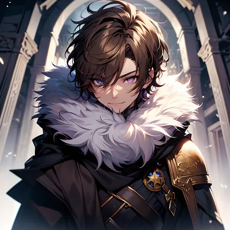 1guy, highly detailed, masterpiece, gentle smile, dragon themed, winter cloak, armor, glowing eyes, ash brown hair, slightly curly hair, fur trim, light and dark theme, lavender eyes with stars in them, medium-short hair, feathered hair, dragon eyes