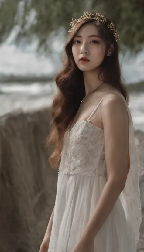 a close up of a woman with long hair wearing a choke, a photorealistic painting inspired by Yanjun Cheng, tumblr, realism, portrait jisoo blackpink, jisoo from blackpink, with long hair and piercing eyes, jisoo of blackpink, portrait of jossi of blackpink,...