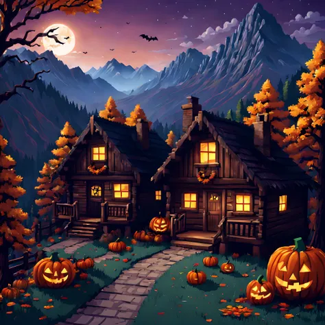 (halloween theme:1.3), (mountain cabin (mountain cabin):1.3), (pixel art:1.5),  mountain road with halloween decorations、hallowe...