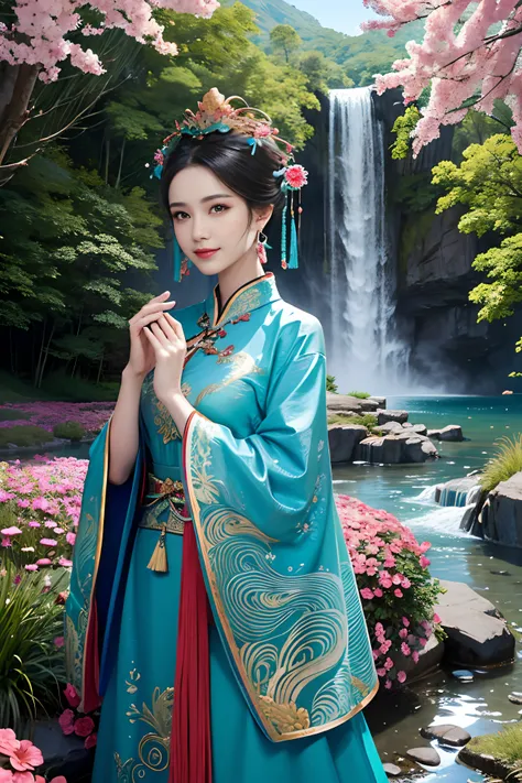 A woman wearing a blue Chinese dress，Phoenix crown，（tmasterpiece，top Quority，best qualtiy，offcial art，Beauty and aesthetics：1.2），（1girll：1.3），The is very detailed，（s fractal art：1.1），Most detailed，（ zentangle:1.2), full bodyesbian, (abstract backgrounds:1....