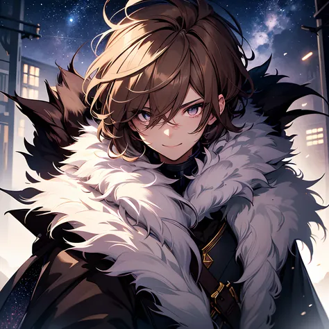 1guy, highly detailed, masterpiece, gentle smile, winter cloak, glowing eyes, ash brown hair, slightly curly hair, fur trim, light and dark theme, lavender eyes with stars in them, medium-short hair, feathered hair, dragon eyes