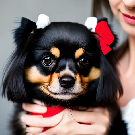 Woman with long hair with highlights, dark eyes, carrying a black Pomeranian Lulu dog with a red bow.