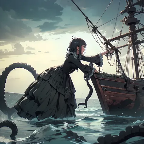 Giant girl leaning out of the sea. She wears a gothic dress. dress with ruffles. Innocent laughter.  Grab and sink the ship. Wooden boat. Tentacles extending from the sea. View from the ship.