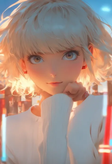 short white hair girl. chin-length bob with Birkin bangs hairstyle. sky blue eyes. teenager girl. shes 18 years old. white and red school uniform. school. classroom. sunlight. evening. ultrasharp. 8k. masterpiece. nsfw content