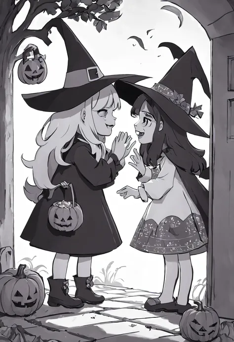 poster infantil hallowen" en blanco y negro, Dos chicas sonrientes, Cute and happy looking at each other face to face ,A girl dressed as a witch asks for candy from another girl who has a Bible in her hands, ella esta sobre unas gradas a la puerta de su ca...