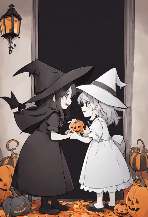 poster infantil hallowen" en blanco y negro, Dos chicas sonrientes, Cute and happy looking at each other face to face ,A girl dressed as a witch asks for candy from another girl who has a Bible in her hands, ella esta sobre unas gradas a la puerta de su ca...