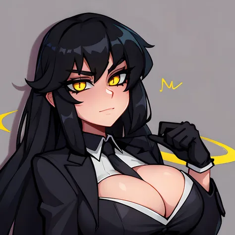 Busty, shadowy woman with yellow eyes and long curly black hair and a black smoke aura wearing formal attire and black gloves.