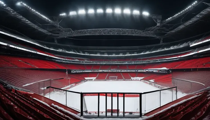 A football stadium that’s red and black that says commanders with the million seats in the stadium is covered with snow