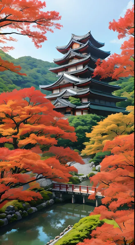 momiji　Colored leaves　naturey　grand　Delicate　a picture　looking-down　Japanese castle