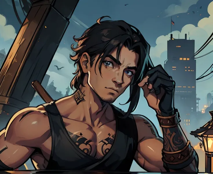 1 Homem lindo Steampuk, Tattuagens, fundo cidade anoite, uma arte para um Jogo de rpg, Non-human art for an RPG ((perfect strokes)) ((cabelo detalhado))