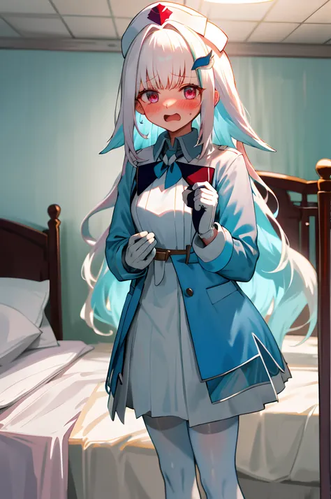 One girl with long wavy hair, white hair, looking at viewer, embarrassed, blushing, tears, open mouth, indoor , nurse, white shirt, puff long sleeves, white mini skirt, thigh, perfect waist, noon atmosphere, hair ornament, standing, bed , white lace gloves...