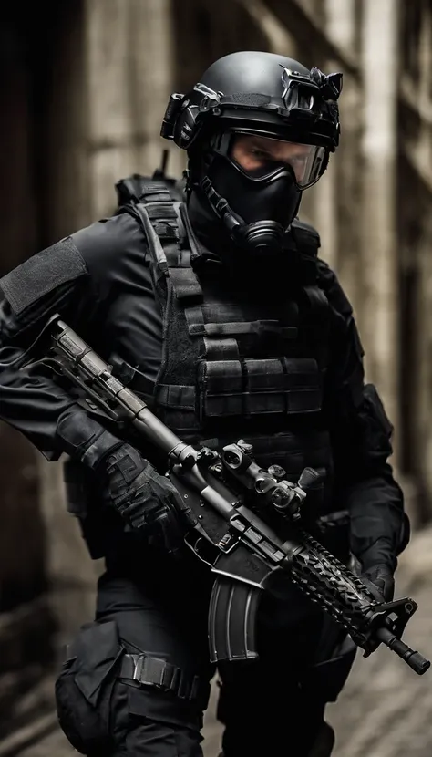 (Best quality,4K,8K,A high resolution,Masterpiece:1.2),Ultra-detailed,(Realistic,Photorealistic,photo-realistic:1.37), One of them wore a black SWAT uniform，Man in black helmet, A man in a black mask holds a gun, Air rifle CQB, French Special Operations, r...