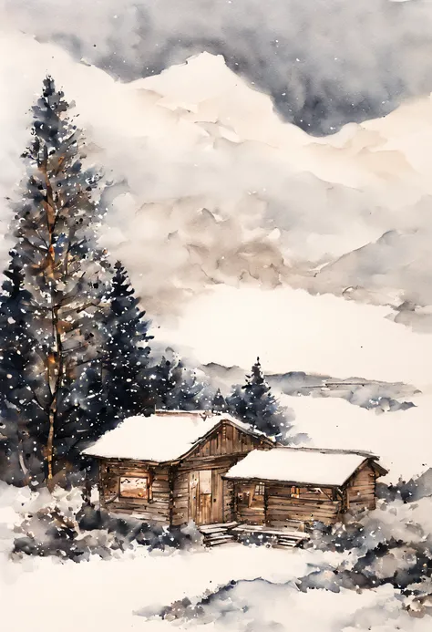 (ink and watercolor painting:1.5), (landscape painting:1.5), (mountain cabin:1.5), (Tasteful:1.5), (Winter Mountain Cabin:1.5), (Switzerland:1.5), (the Alps:1.5), (Snowy mountains in winter:1.5),