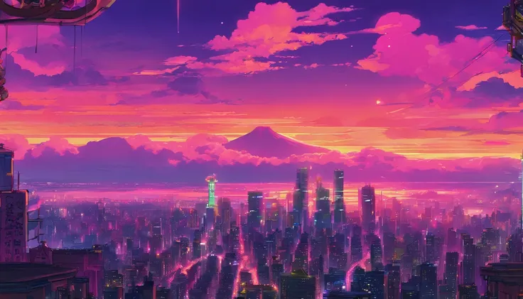 Close-up of the city with neon sunset in the background, Synthwave City, vaporwave city, Synthwave aesthetics, Neon City in the background, Background of Neo Tokyo, Neon metropolis in the background, Futuristic urban background, cyberpunk aesthetics, The c...