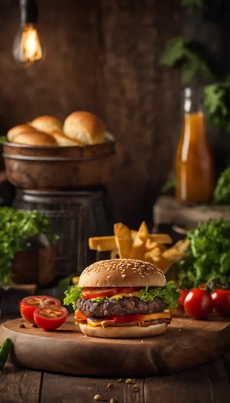 a juicy, mouth-watering double cheeseburger with perfectly toasted buns, freshly ground beef patty cooked to perfection, melted cheddar cheese, crispy lettuce, ripe tomatoes, pickles, and a tangy special sauce, served with a side of golden, crispy french f...