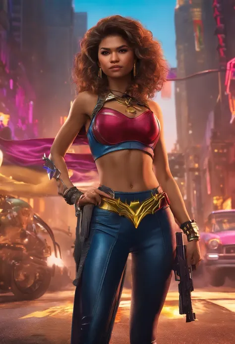 photo of  zendaya a woman as a movie star, modelshoot style, (extremely detailed CG unity 8k wallpaper), Intricate, High Detail, Sharp focus, dramatic,photorealistic painting art by midjourney and greg rutkowski , (waist chain), ((Avengers in the backgroun...