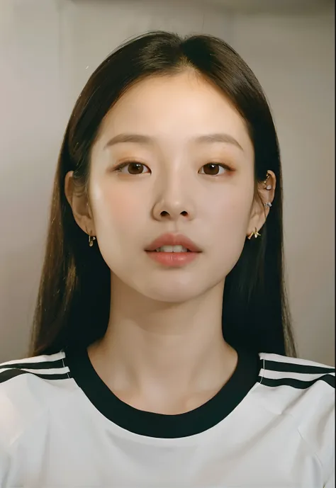 Un primer plano de una mujer con cabello largo con una camisa blanca, Blackpink Jennie, Retrato de Jossi de Blackpink, Korean symmetrical face, Joven y adorable rostro coreano, Beautiful aesthetic face, Rasgos de la cara coreana, Parque Ji-min, con cara re...