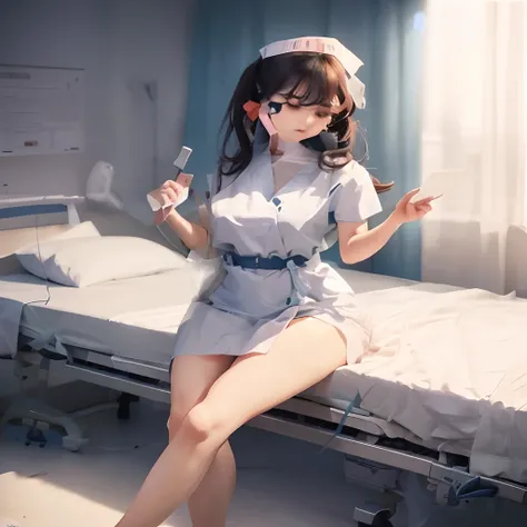 menina do anime sentada na cama do hospital, no vestido do hospital sentada na cama com gotejamento iv, no hospital em vestido d...