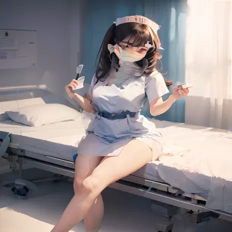 menina do anime sentada na cama do hospital, no vestido do hospital sentada na cama com gotejamento iv, no hospital em vestido d...