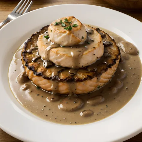 Mushroom gravy on mashed potatoes with salmon filet