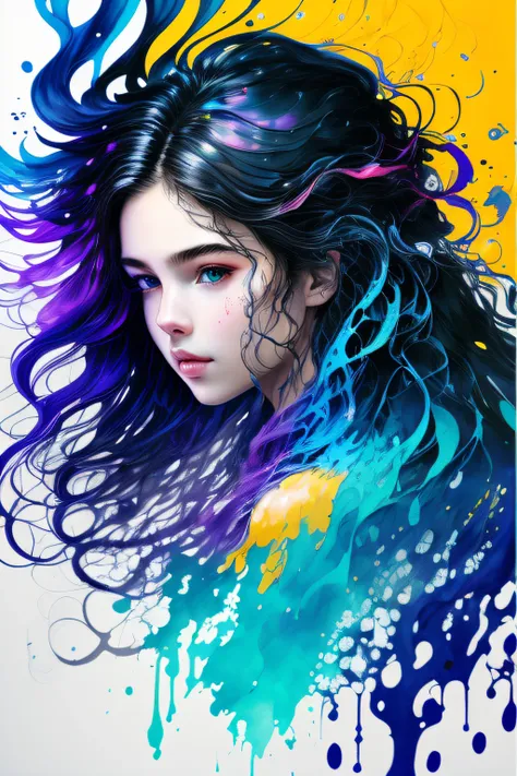 Beautiful colorful girl: an 18-year-old giru, messy hair, oil painting, perfect face with soft skin and perfect face, blue yellow colors, light purple and violet additions, light red additions, intricate details, home screen, 8k resolution, masterpiece, be...