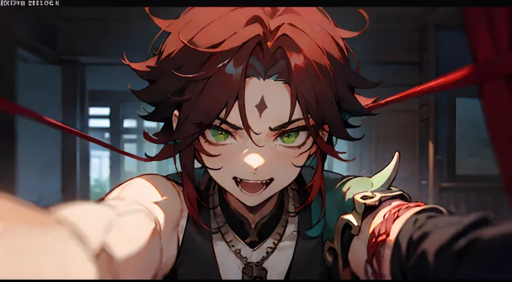 1boy,dark red hair,best quality,masterpiece,extremley,green eyes,male focus,beautiful eyes,Xiao (genshin impact), 1 boy, bones necklace, animal fangs necklace, arm tatoo, dark red hair, Chinese clothes, green eyes, male focus, red mark on forehead, no shir...