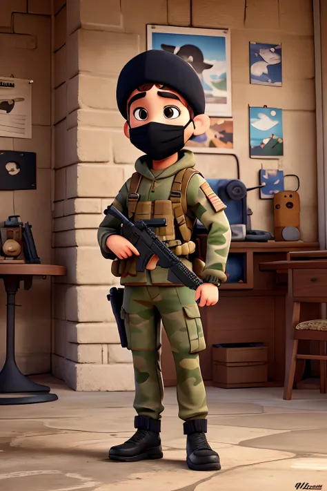 Disney Poster Style: Cute cartoon style. Multicam military uniform in multicam body armor with black balaclava on head, that covers the entire face. Holding an AK-74 in his hands. and inscription 715