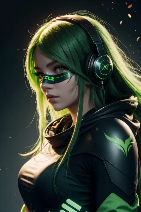 girl with long green hair, green eyes, futuristic vibes, mask on mouth, headphones, 8k, high quality, simple background, glowing eyes, nice pose