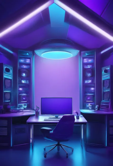 cartoon high tech room with blue purple lighting with desk and computer in the middle with space background high resolution best quality