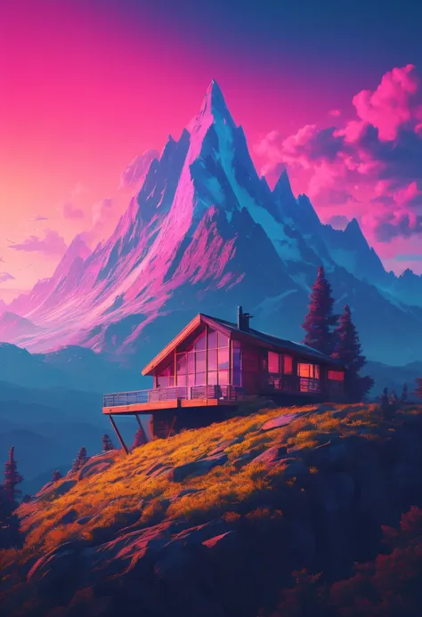 Experience the allure of modern architecture with this mesmerizing digital artwork featuring a mountain cabin perched on a cliffside, offering breathtaking views of rugged peaks. The composition showcases the cabins sleek design and seamless integration wi...