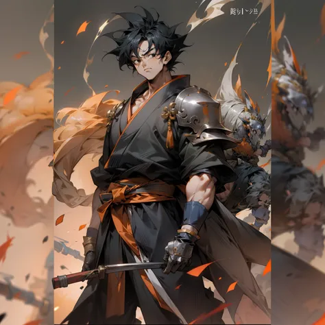 Son Goku,,black hair,black eyes looking at viewer,orange kimono,black hurt under it,has silver sholder armor pad,wrist silver armor,black kimono belt on waist,black gloves, badges on chest,white background,metal reflects light, masterpiece,8k resolution, u...