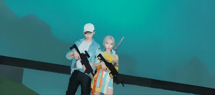 there are two people standing next to each other with guns, with rifle, in game, inspired by Jang Seung-eop, & jeehyung lee & wlop, realistic weapons, in - game, in-game, couple, medium shot of two characters, couple pose, realism in style of fornite game,...