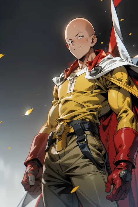 masterpiece, best quality, 1boy, (saitama), bald hair, black eyes,  blue boot, red gloves, yellow clothes, white cape, standing,...