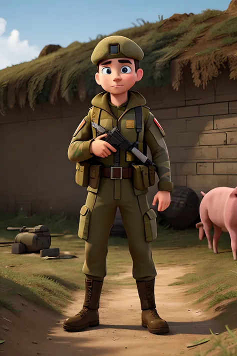 Russian soldier in camouflage and bulletproof vest warrior in trench hugging pig