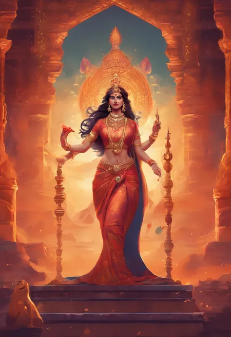 Masterpiece, highres,Indian goddess, full body,beautiful,representing fire,wearing embroidered saree,showing naval, jewelleries, bangles, great artwork