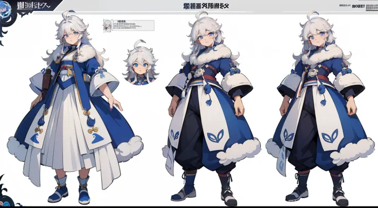 ((Masterpiece, Highest quality)), Detailed face, character sheets, full bodyesbian, 1boys,shoun，childrens，Babe， Blue eyes, White hair,  Long hair， Messy hair, Soft and fluffy hair, hair between eye,Tibetan costumes,Full of details, Multiple poses and expre...