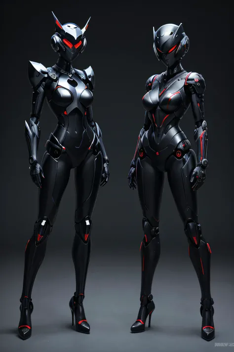 Two women remade into evil robots　the whole body is mechanized　The head is like a helmet　The face is also covered with a cover.　Feet shaped like high heels　Both bodies have a similar shape　The color is black　Standing side by side　Full body like, nffsw, ret...