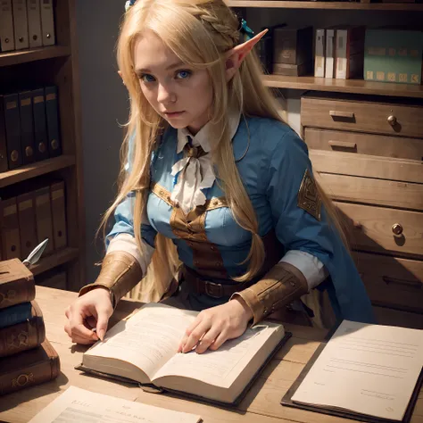 young blonde elf girl with long hair and blue eyes, work at the desk, talking to an orc in the office.