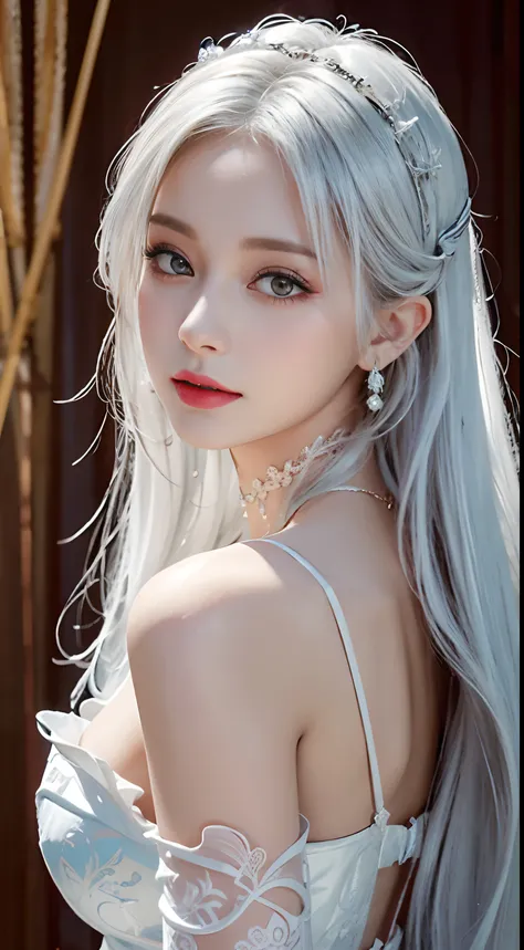 A stunning photorealistic image of a woman with long, white hair cascading down her back, dressed in a maids outfit and adorned with elegant jewelry. Her detailed face is turned to the side, as if she is looking at the viewer with a hint of mischief in her...