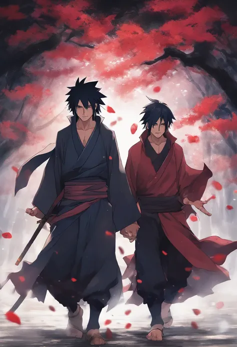 Sasuke and Itachi Uchiha walk together in the rain