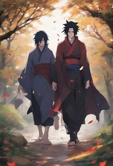 Sasuke and Itachi Uchiha walk together in the rain