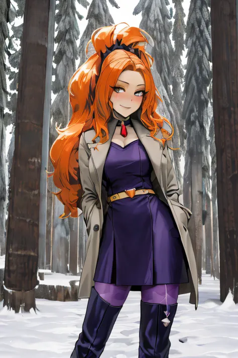 mlpdazzle, spikes, happy, (ice, belt, middle breast, orange hair, winter, forest, snow, snowy, cloudy, very long trench coat, wi...