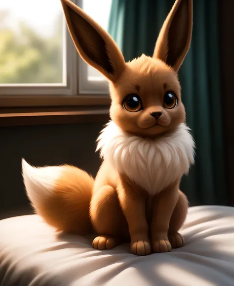 feral eevee sitting on bed,break,(masterpiece, best quality, ultra realistic, 4k, 2k, (intricate:1.1), (high detail:1.4), film p...