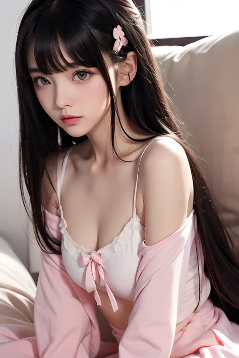 masutepiece, Best Quality, super detailed, Illustration, Beautiful detailed eyes, long black hair with bangs, pink bows, White pajamas、small breasts, petite body,