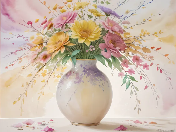 A stunning watercolor painting, the main subject is a vibrant bouquet of flowers. Every petal bursts with life, showcasing a spectrum of brilliant hues - from delicate pinks to vibrant yellows and deep purples. The delicate stems and leaves gracefully inte...