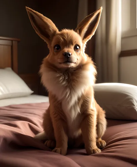 feral eevee sitting on bed,BREAK,(masterpiece, best quality, ultra realistic, 4k, 2k, (intricate:1.1), (high detail:1.4), film photography, (soft focus:1.1),RAW photo, photorealistic, analog style, subsurface scattering, photorealism, absurd res)